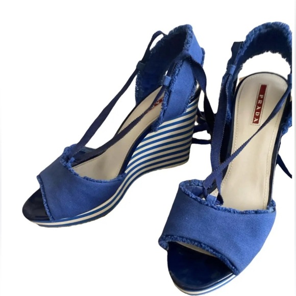PRADA Cloth Striped Cobalt Blue Canvas Ankle Lace Up Wedges Heels Sandals - Picture 9 of 9